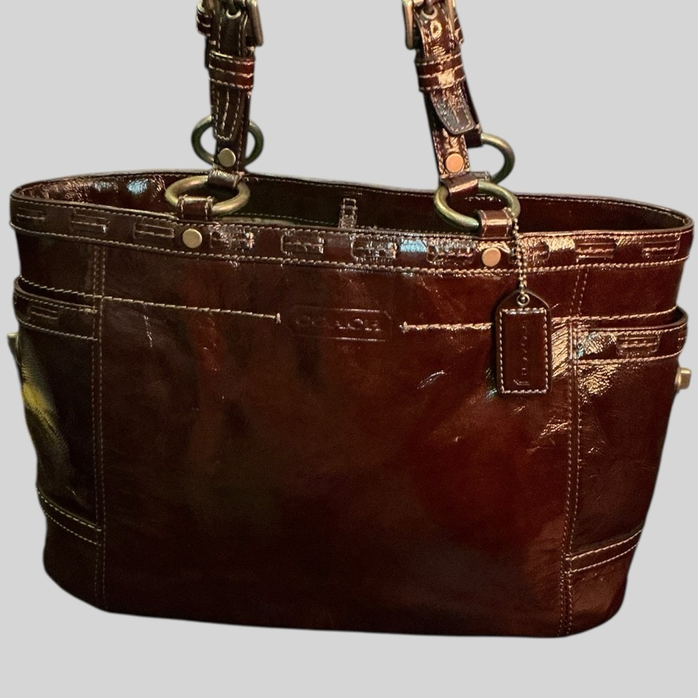 Coach Tribeca Patent Leather Tote Brown East West Shoulder Bag - Picture 5 of 13